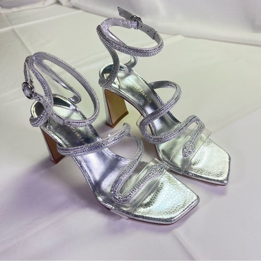 Antonio Melani New Women's 6M Snake-Look Elegant Silver Strappy Heels